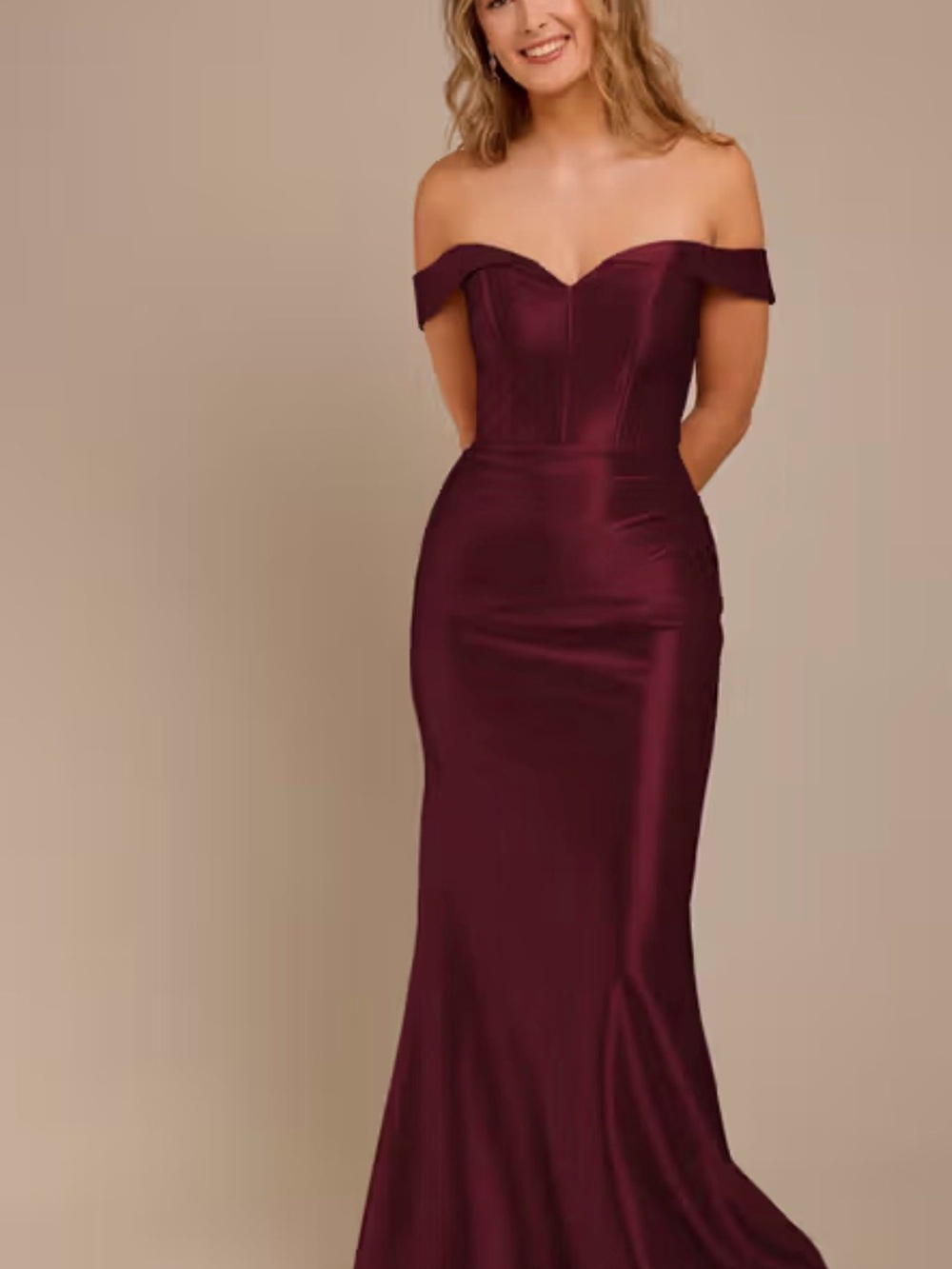 Galina Signature Off-Shoulder Wine Satin Mermaid Gown
